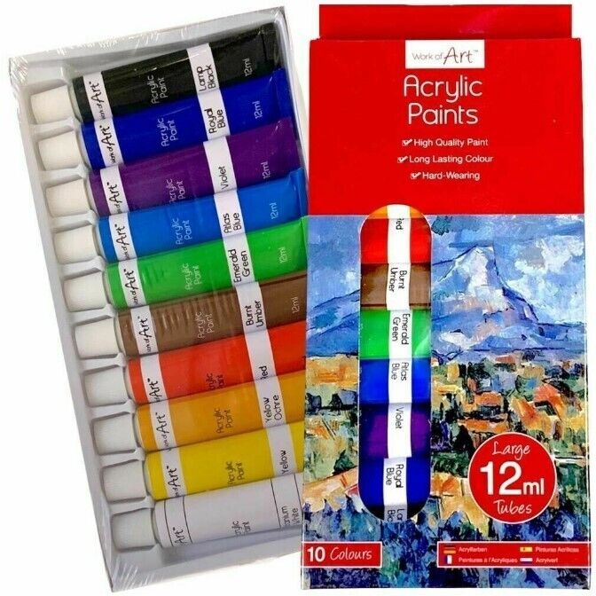 Acrylic Paint Set 12ml Tube 10 COLOURS Arts Crafts School Artist Painting Canvas