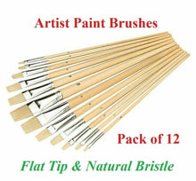 Load image into Gallery viewer, Work of Art Flat Tip Natural Bristle Artist Paint Brush Brushes Set Pack of 12
