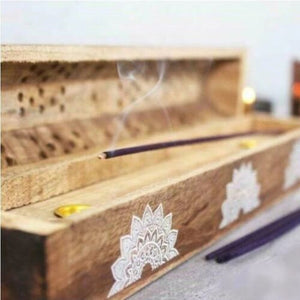 Wooden Incense Stick Holder Burner Joss Incense Box Ash Catcher 10 FREE STICKS!