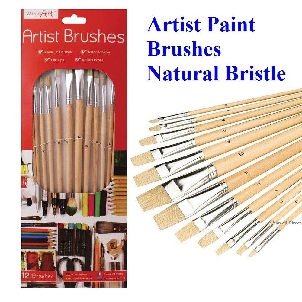 Work of Art Flat Tip Natural Bristle Artist Paint Brush Brushes Set Pack of 12